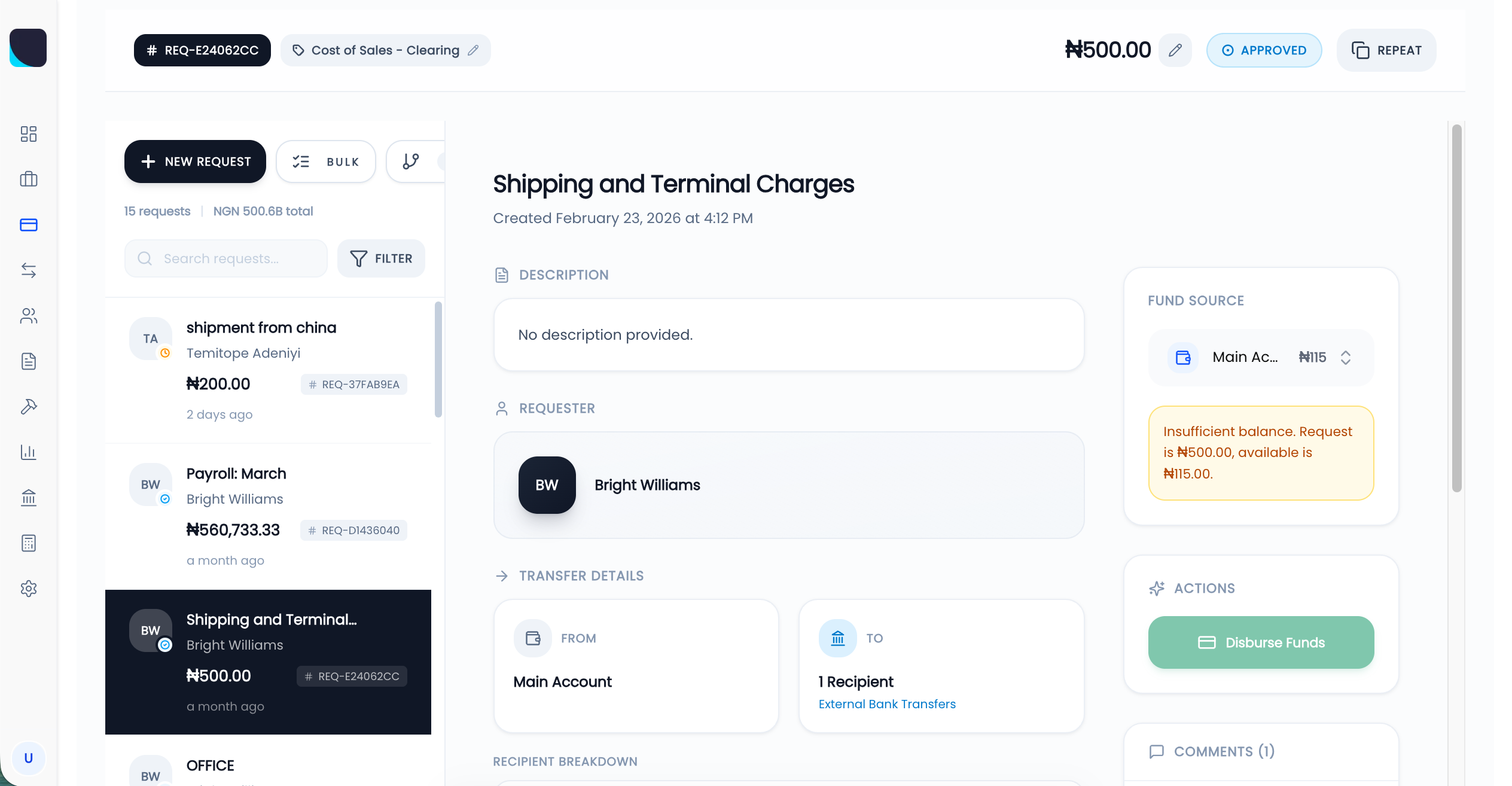 Zairaa payment requests and approvals
